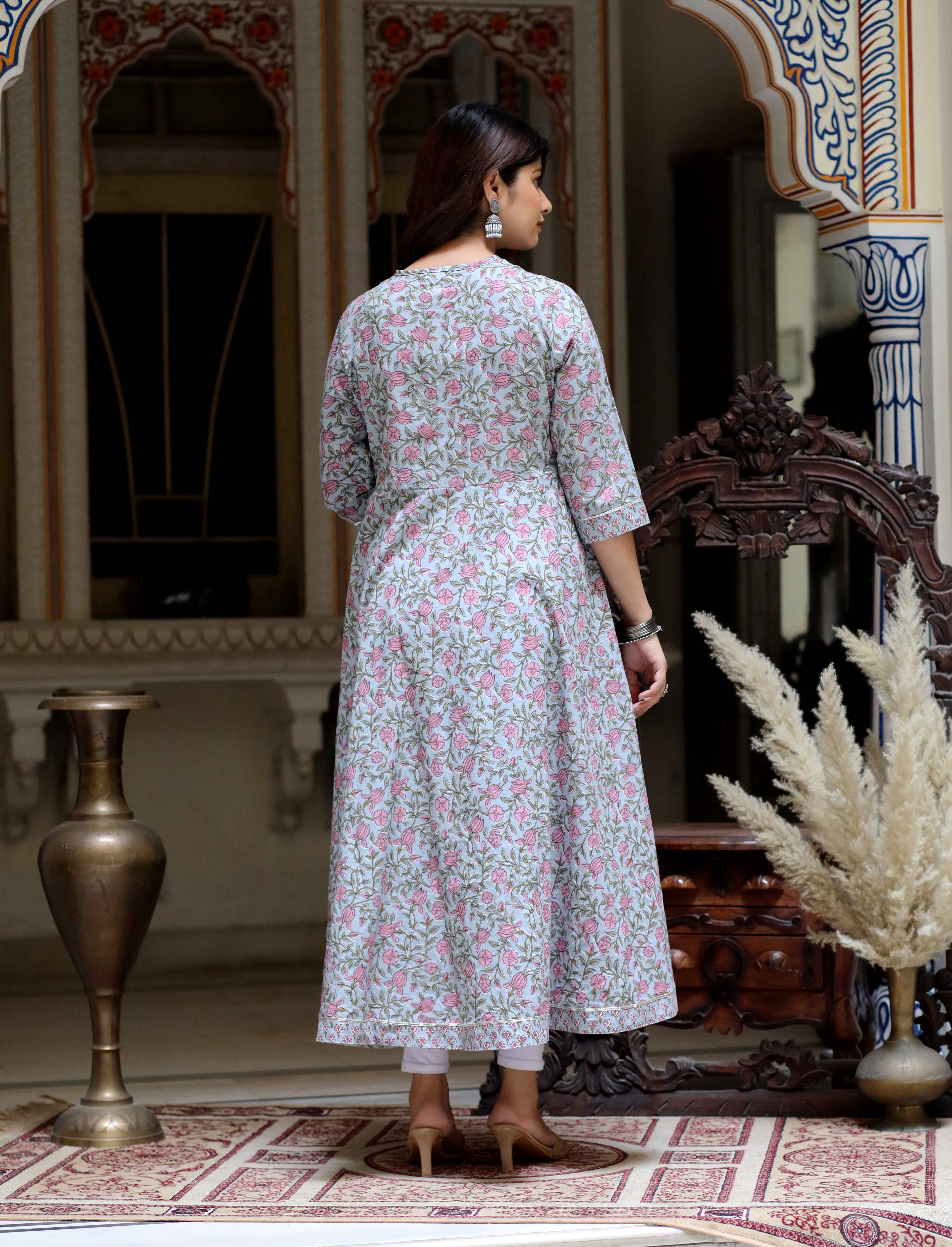 Blue Cotton Anarkali Kurta with Gota Work & Floral Dupatta Set